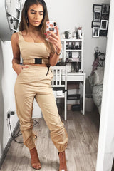 Beige Buckle Cargo Pant Crop Top Co-Ord - Kahri-Co-ords