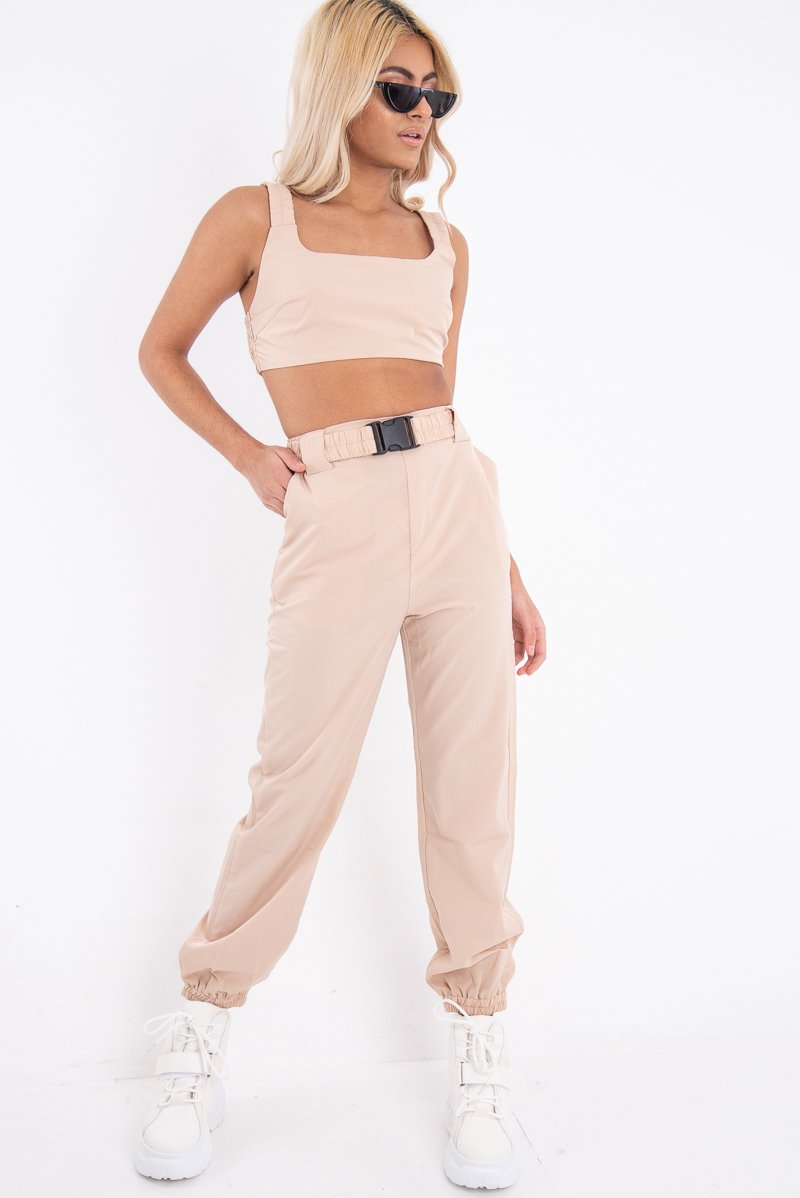 Beige Buckle Cargo Pant Crop Top Co-Ord - Kahri-Co-ords
