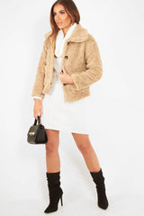 Beige Button Front Borg Coat - Jordana-Coats