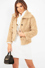 Beige Button Front Borg Coat - Jordana-Coats