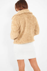 Beige Button Front Borg Coat - Jordana-Coats