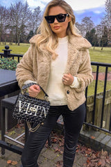 Beige Button Front Borg Coat - Jordana-Coats