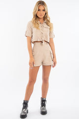 Beige Button Front Utility Shirt Shorts Co-ord - Galia-Co-ords