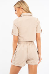Beige Button Front Utility Shirt Shorts Co-ord - Galia-Co-ords