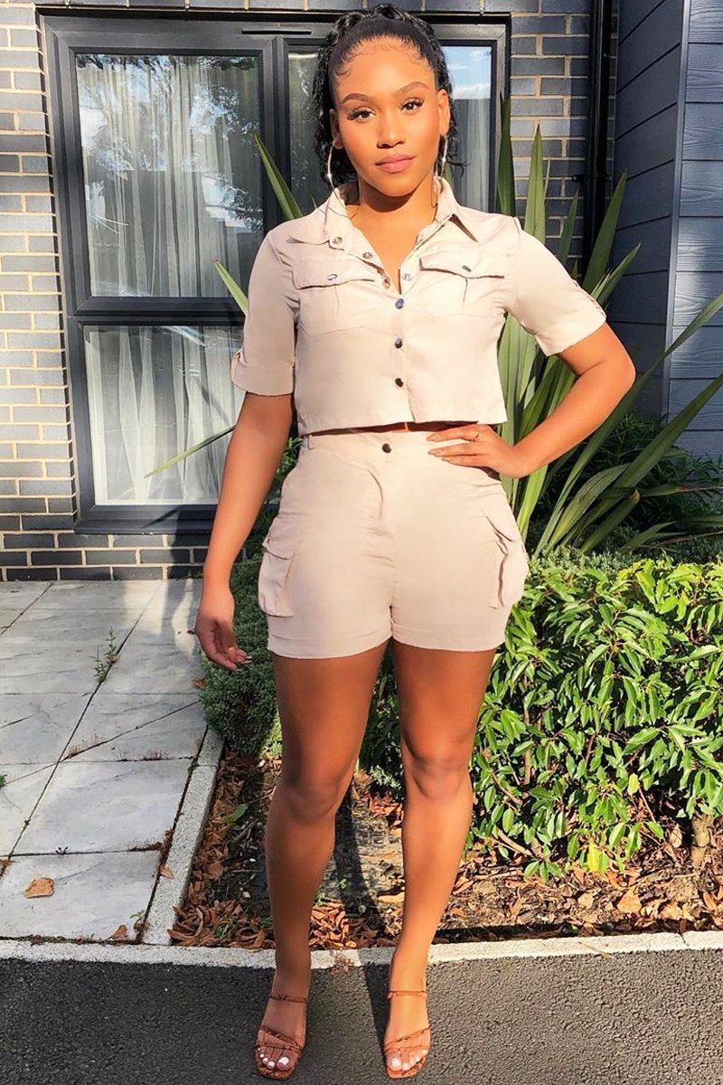 Beige Button Front Utility Shirt Shorts Co-ord - Galia-Co-ords