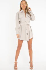 Beige Button Up Belted Utility Dress - Abia-Dresses