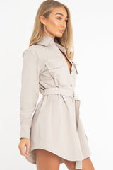 Beige Button Up Belted Utility Dress - Abia-Dresses