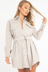 Beige Button Up Belted Utility Dress - Abia-Dresses