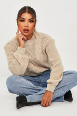 Beige Cable Front Round Neck Jumper - Idah-Jumper