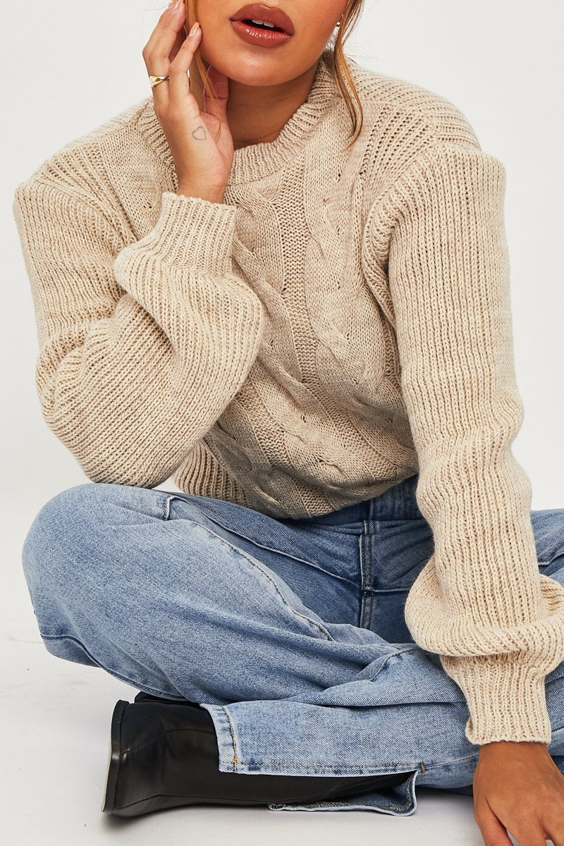 Beige Cable Front Round Neck Jumper - Idah-Jumper
