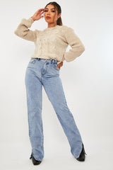 Beige Cable Front Round Neck Jumper - Idah-Jumper