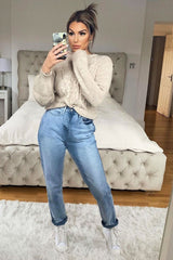 Beige Cable Front Round Neck Jumper - Idah-Jumper