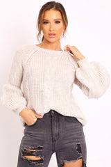 Beige Cable Knit Balloon Sleeve Jumper - Elicia-Jumper