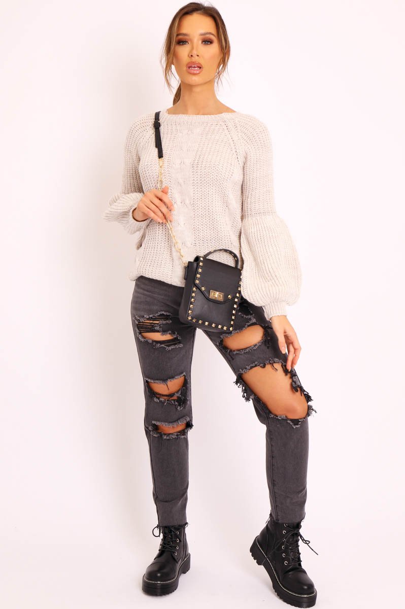 Beige Cable Knit Balloon Sleeve Jumper - Elicia-Jumper