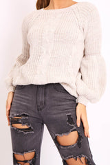 Beige Cable Knit Balloon Sleeve Jumper - Elicia-Jumper