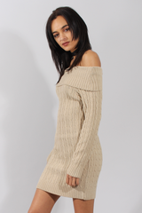Beige Cable Knit Bardot Dress - Peeta-Dresses