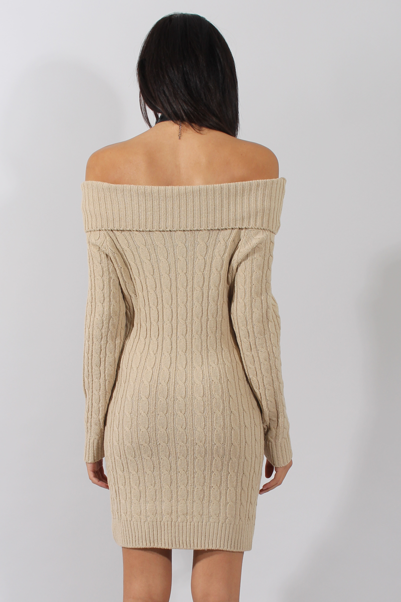 Beige Cable Knit Bardot Dress - Peeta-Dresses