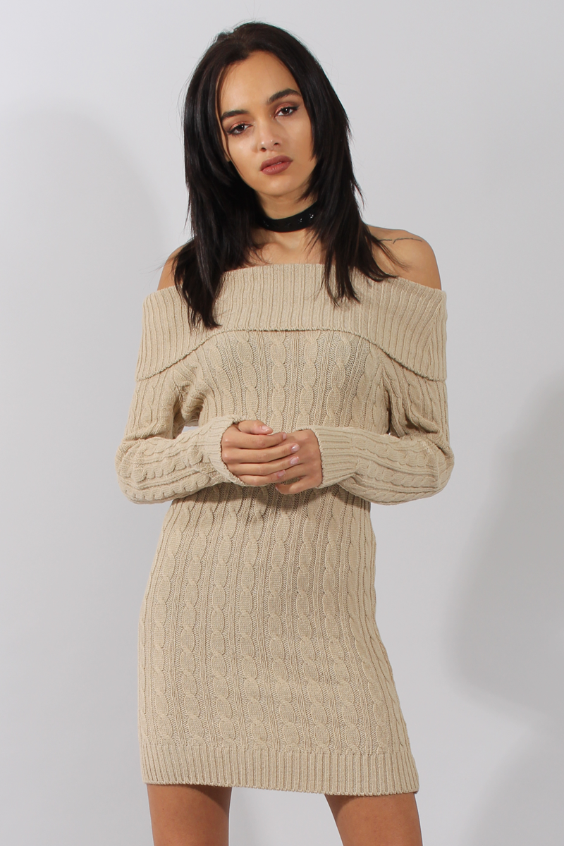 Beige Cable Knit Bardot Dress - Peeta-Dresses