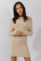 Beige Cable Knit Bardot Dress - Peeta-Dresses