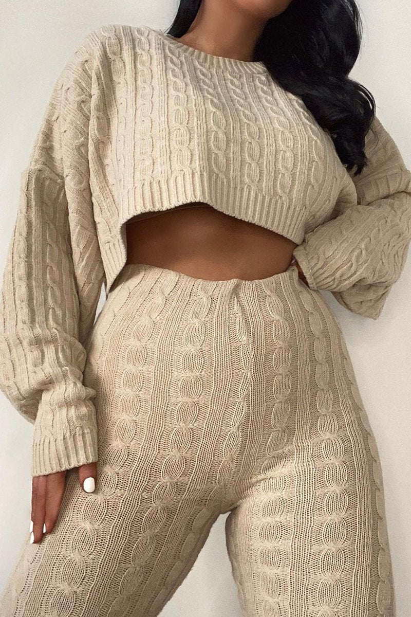 Beige Cable Knit Batwing Jumper Loungewear Set - Janea-Loungewear