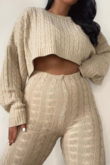 Beige Cable Knit Batwing Jumper Loungewear Set - Janea-Loungewear
