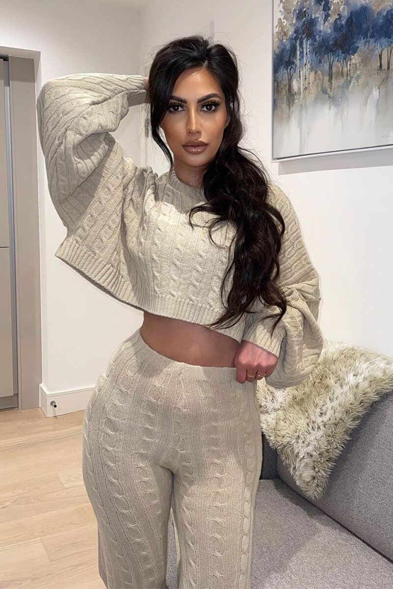 Beige Cable Knit Batwing Jumper Loungewear Set - Janea-Loungewear
