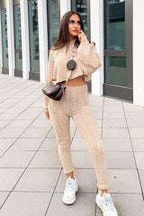 Beige Cable Knit Batwing Jumper Loungewear Set - Janea-Loungewear