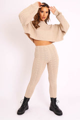 Beige Cable Knit Batwing Jumper Loungewear Set - Janea-Loungewear