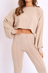Beige Cable Knit Batwing Jumper Loungewear Set - Janea-Loungewear