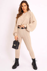 Beige Cable Knit Batwing Jumper Loungewear Set - Janea-Loungewear