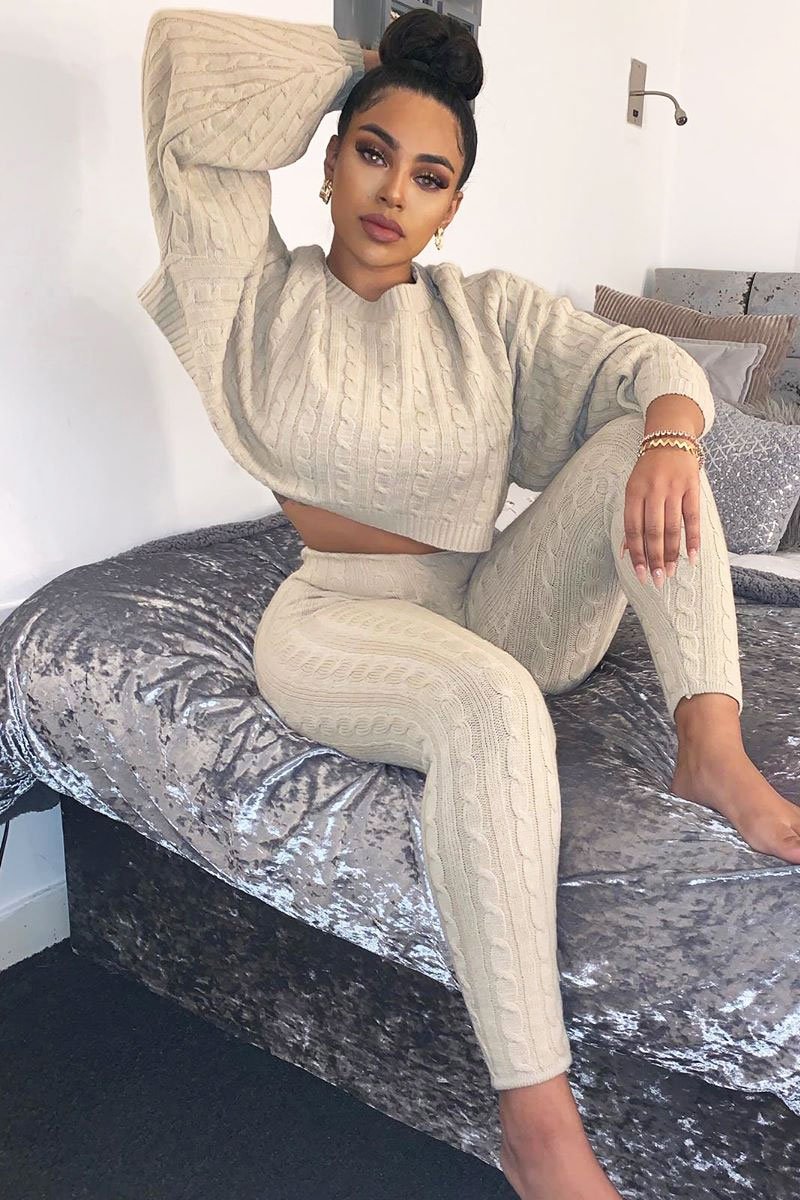 Beige Cable Knit Batwing Jumper Loungewear Set - Janea-Loungewear