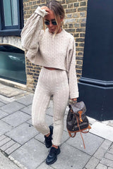 Beige Cable Knit Batwing Jumper Loungewear Set - Janea-Loungewear