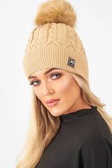 Beige Cable Knit Bobble Hat - Lillyona-Hats