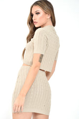 Beige Cable Knit Crop Top And Skirt Co-ord - Galiana-Co-ords