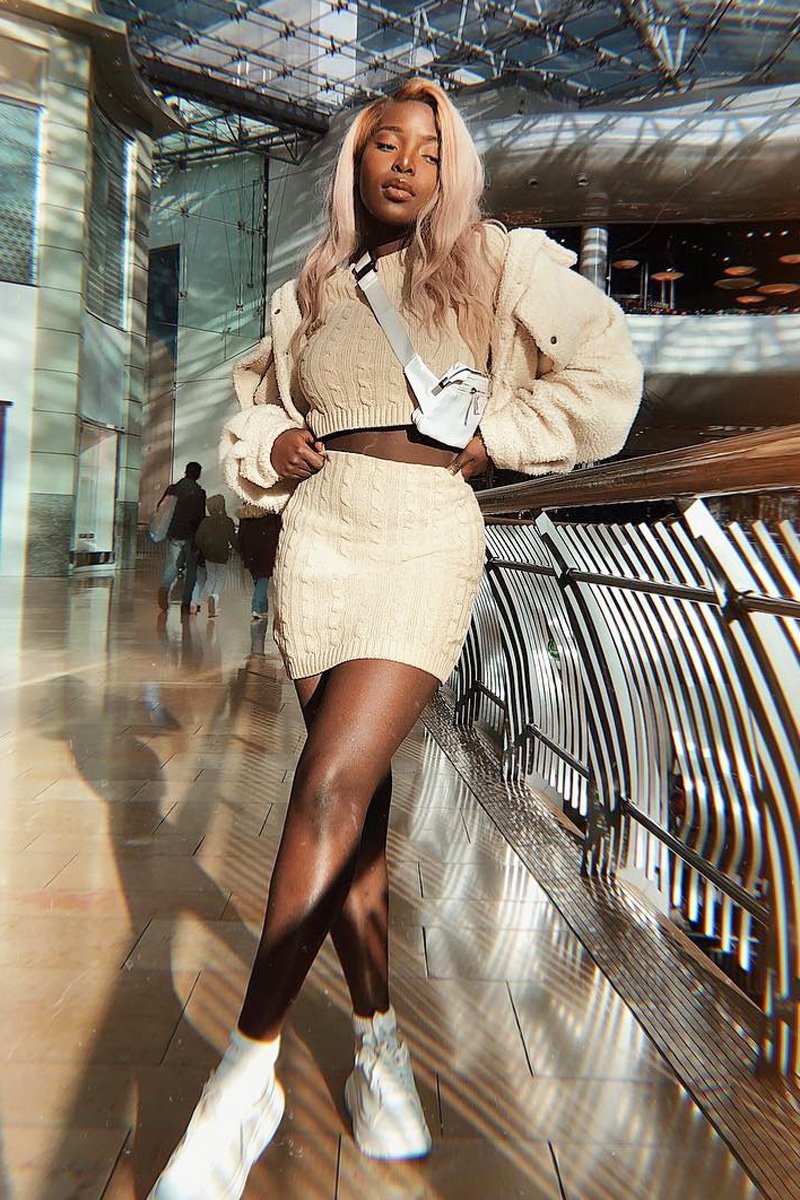Beige Cable Knit Crop Top And Skirt Co-ord - Galiana-Co-ords