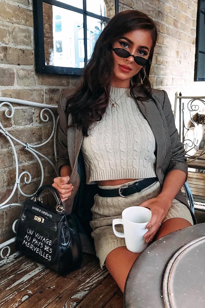 Beige Cable Knit Crop Top And Skirt Co-ord - Galiana-Co-ords