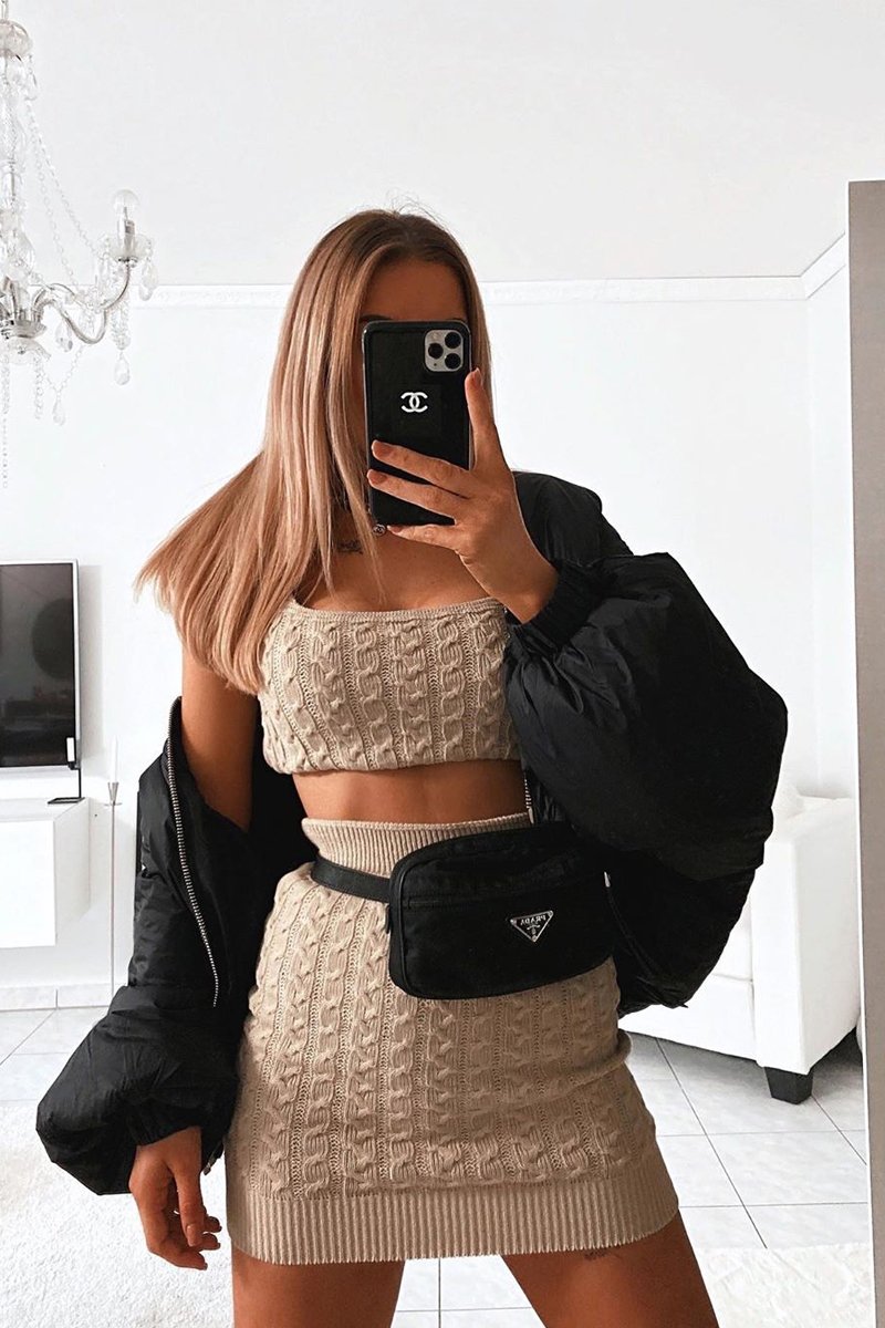 Beige Cable Knit Crop Top Skirt Co-ord - Vennie-Co-ords