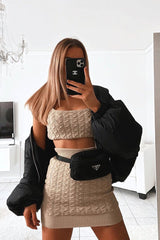 Beige Cable Knit Crop Top Skirt Co-ord - Vennie-Co-ords