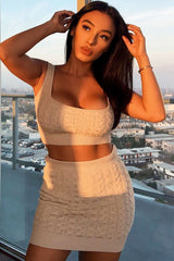 Beige Cable Knit Crop Top Skirt Co-ord - Vennie-Co-ords