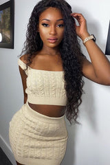 Beige Cable Knit Crop Top Skirt Co-ord - Vennie-Co-ords
