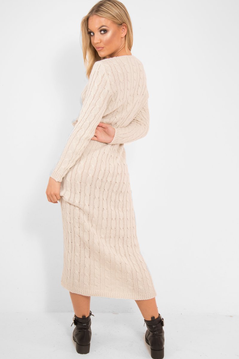 Beige Cable Knit Drawstring Waist Dress - Rhea-Dresses