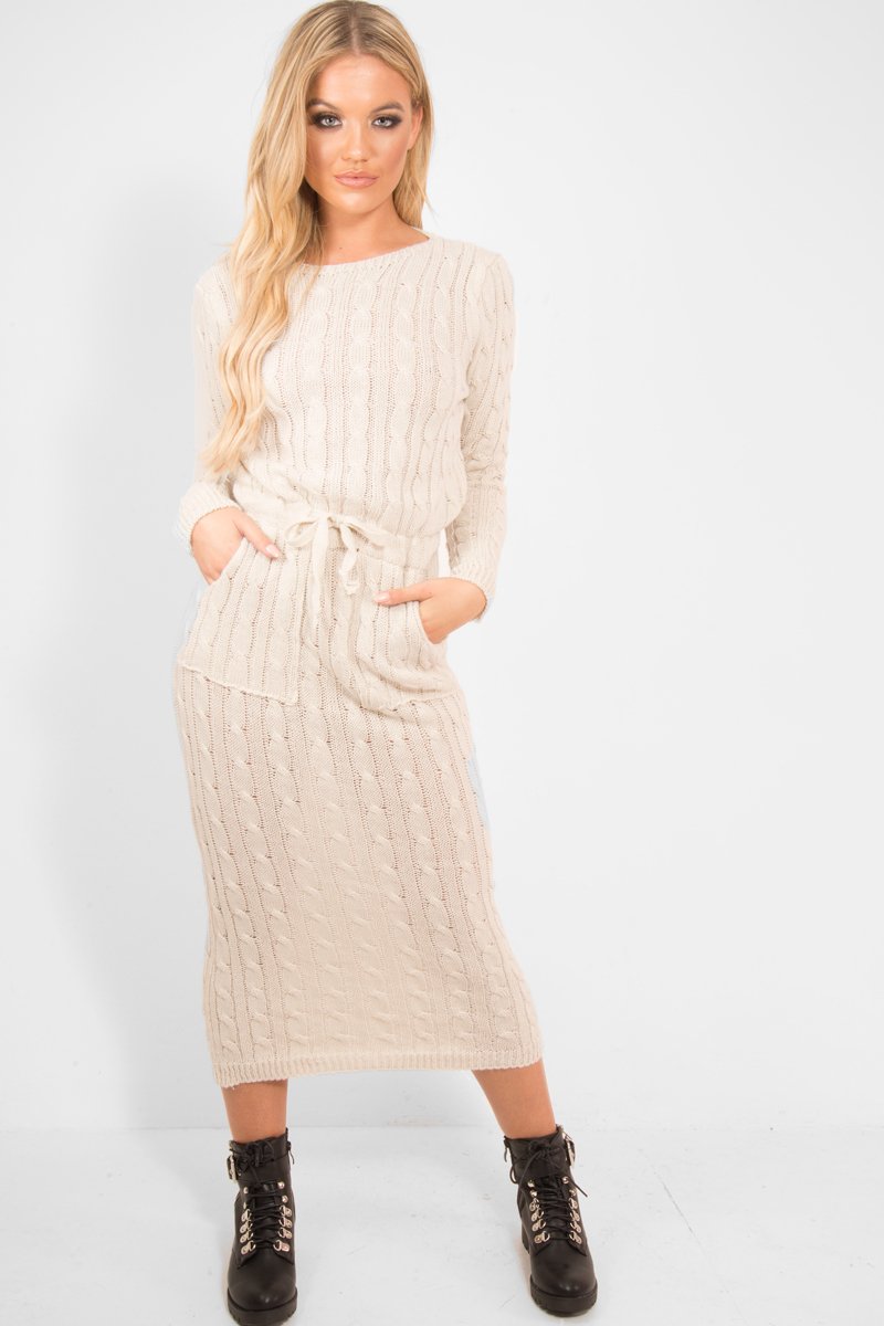 Beige Cable Knit Drawstring Waist Dress - Rhea-Dresses