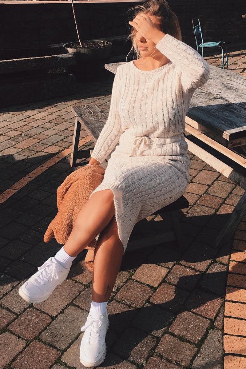 Beige Cable Knit Drawstring Waist Dress - Rhea-Dresses