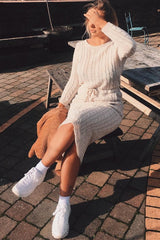 Beige Cable Knit Drawstring Waist Dress - Rhea-Dresses