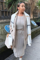 Beige Cable Knit Drawstring Waist Dress - Rhea-Dresses