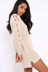 Beige Cable Knit Jumper Dress with Cut out Detail - Daysie-Jumper