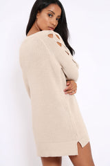 Beige Cable Knit Jumper Dress with Cut out Detail - Daysie-Jumper