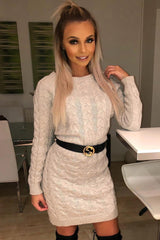 Beige Cable Knit Jumper Midi Dress - Jaylie-Dresses