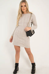 Beige Cable Knit Jumper Midi Dress - Jaylie-Dresses