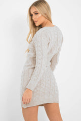 Beige Cable Knit Jumper Midi Dress - Jaylie-Dresses